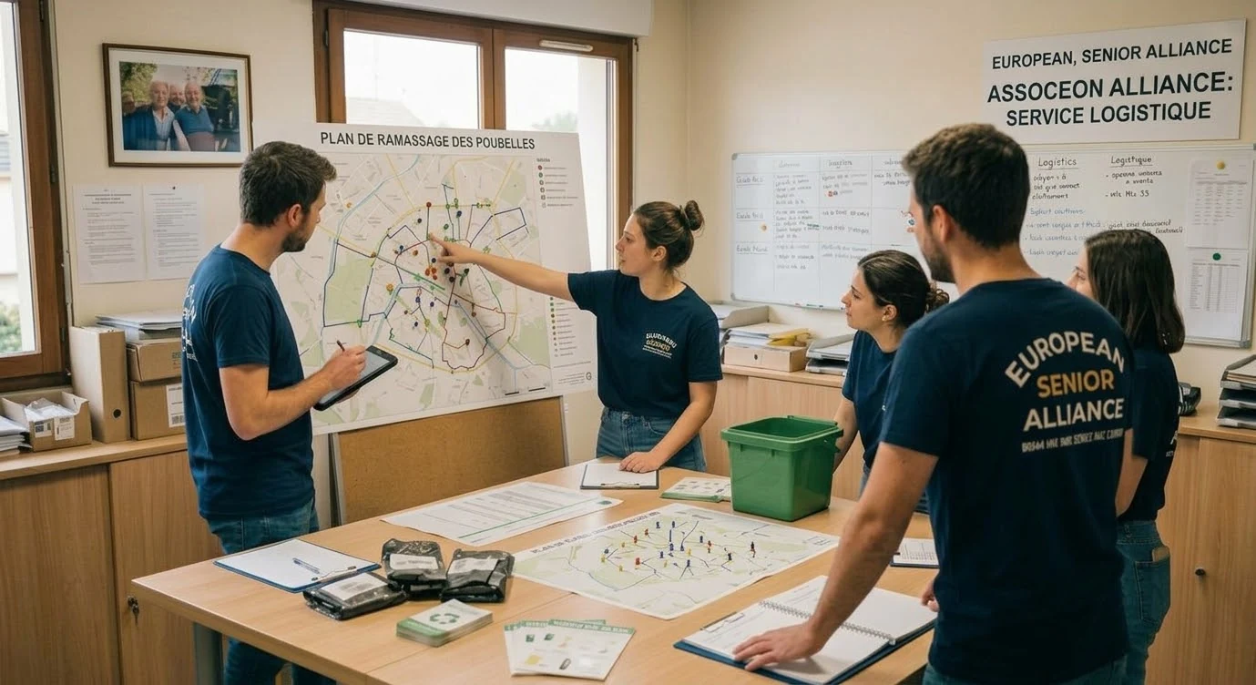 Illustration d’une équipe préparant les tournées autour d’un plan de quartier.