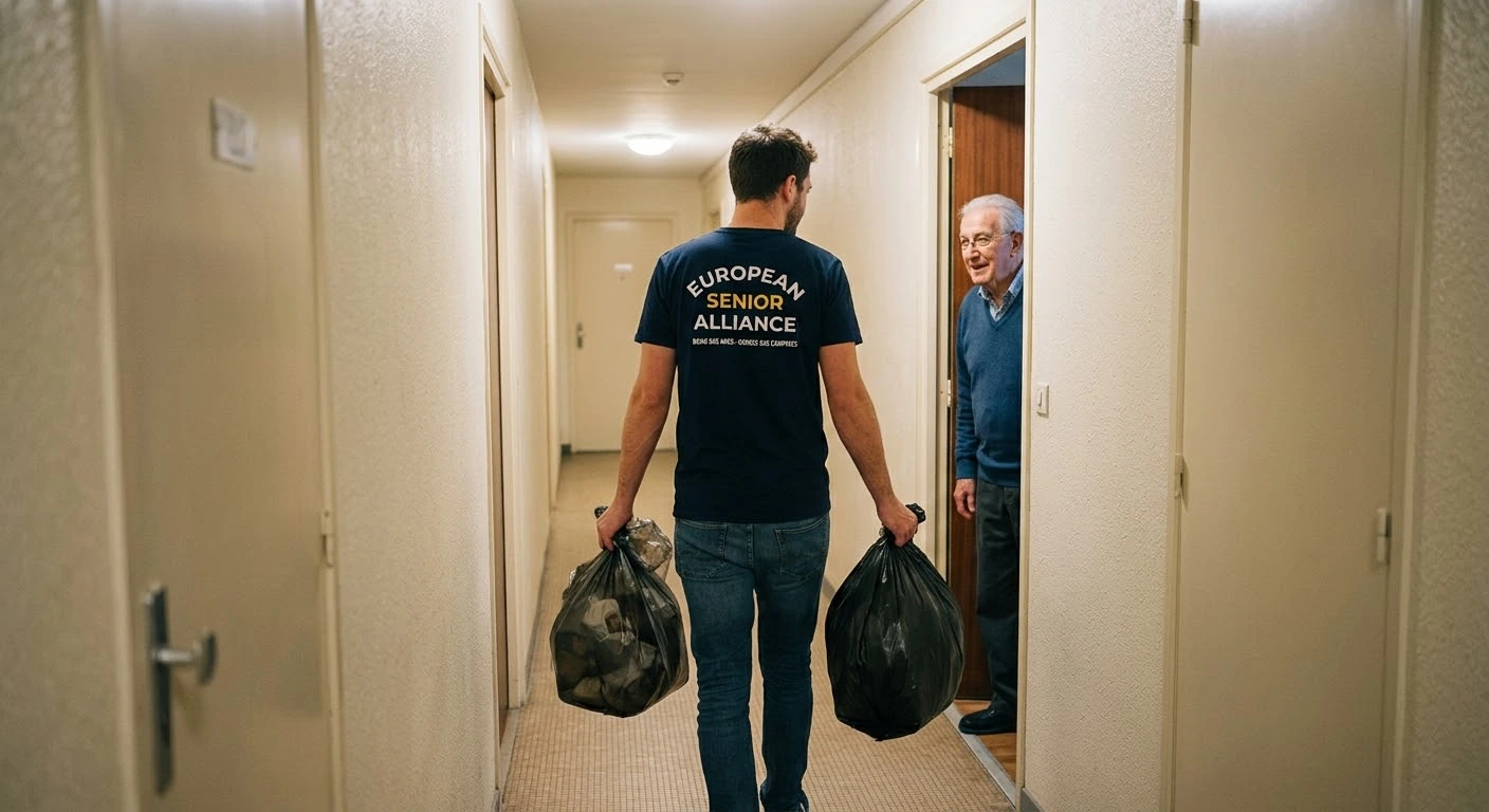 Un bénévole transporte deux sacs dans le couloir d’un immeuble.